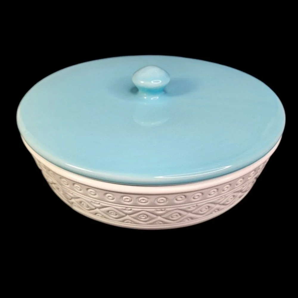 Crate and Barrel Tiago Covered Dish‎ Tortilla Server Blue Lid Portugal Ceramic